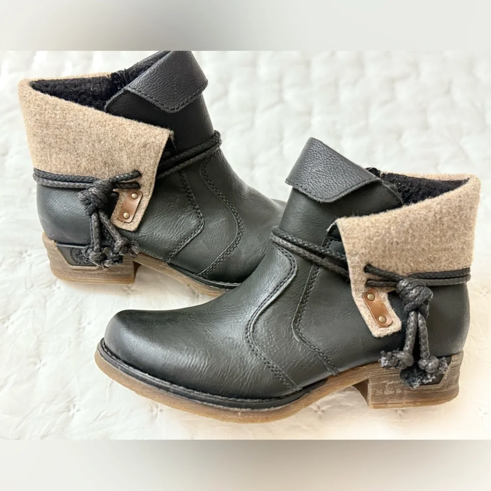 Rieker Fee 93 Black Faux Leather Ankle Boots Booties Women Size 38/7-7.5 Tassels